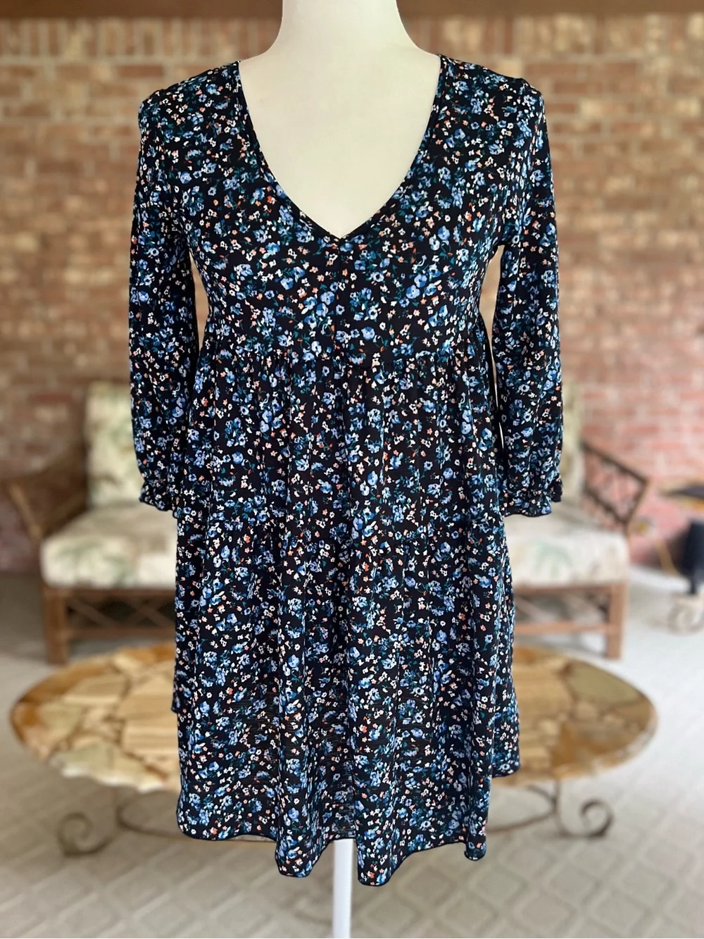 La La Land Creative Co. Navy Blue Floral Babydoll Mini Dress XS Cottagecore
